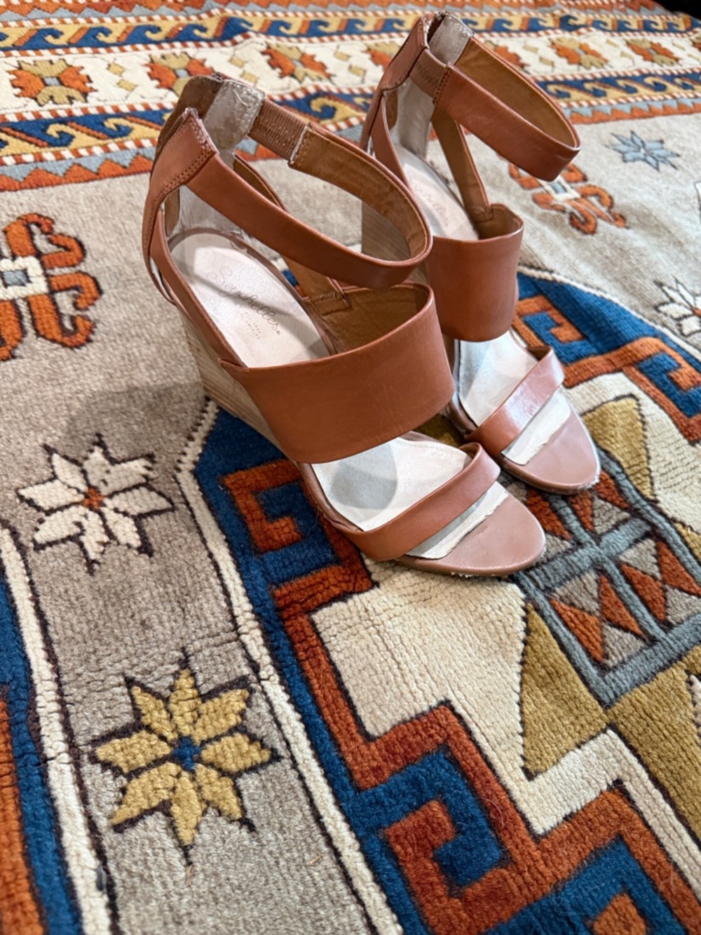 Seychelles Cognac Leather Ankle-Strap Wedge Sandals